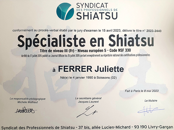 Diplôme de spécialiste en shiatsu, délivré à Juliette Ferrer